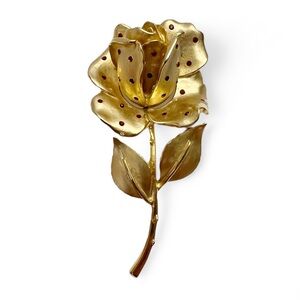 Vintage Vendome Matte Goldtone Red Rhinestone Rose Flower Brooch FLAWS
